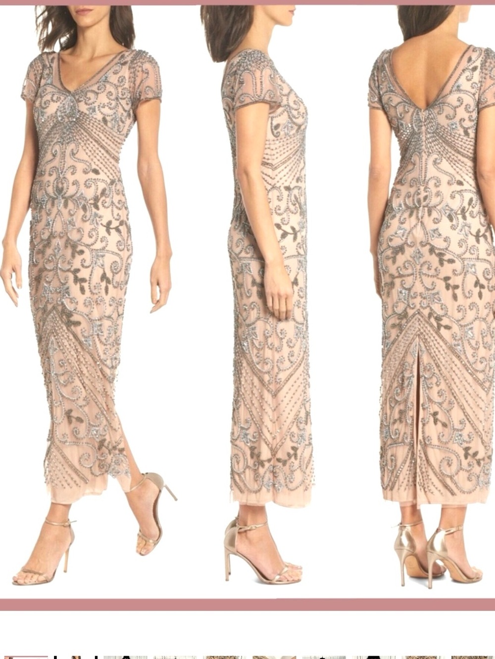Pisarro Nights Blush Nude Silver Beaded Longline Gown NWT 10